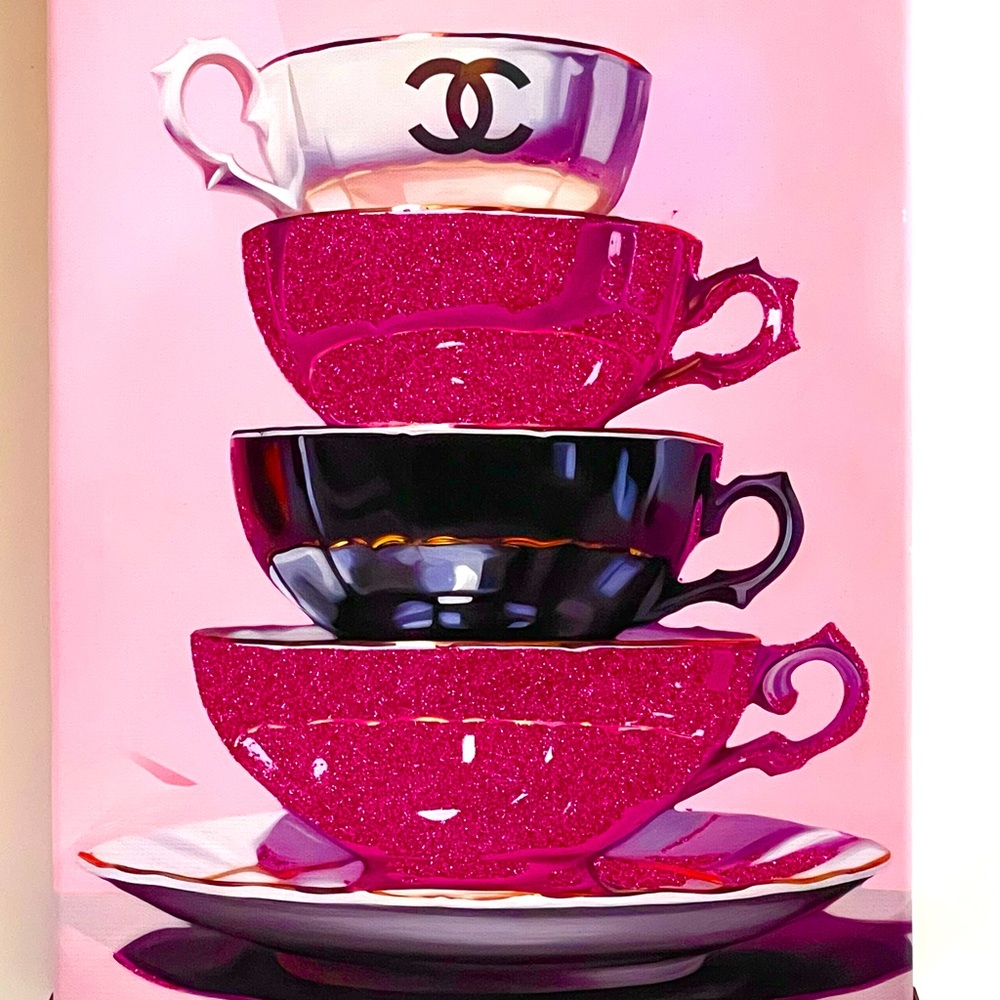 DESIGN DISTRICT STUDIO Wall Art Print Teacups Chanel 10x20 Pink Glitter Canvas